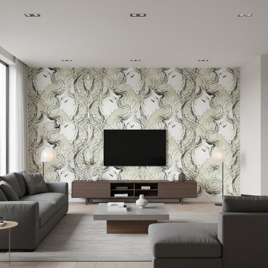 Chadwick Portrait Transitional Abstract - Metallic Pearl and Ebony | Architectural Wallcoverings - Living Room Visualization (AI-generated, may not be to scale. Verify pattern scale with product specifications.)