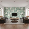 Chadwick Portrait Transitional Abstract - Metallic Pearl and Ebony | Architectural Wallcoverings - Living Room Visualization (AI-generated, may not be to scale. Verify pattern scale with product specifications.)