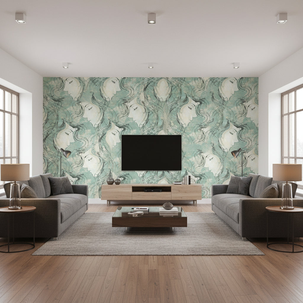 Chadwick Portrait Transitional Abstract - Metallic Pearl and Ebony | Architectural Wallcoverings - Living Room Visualization (AI-generated, may not be to scale. Verify pattern scale with product specifications.)