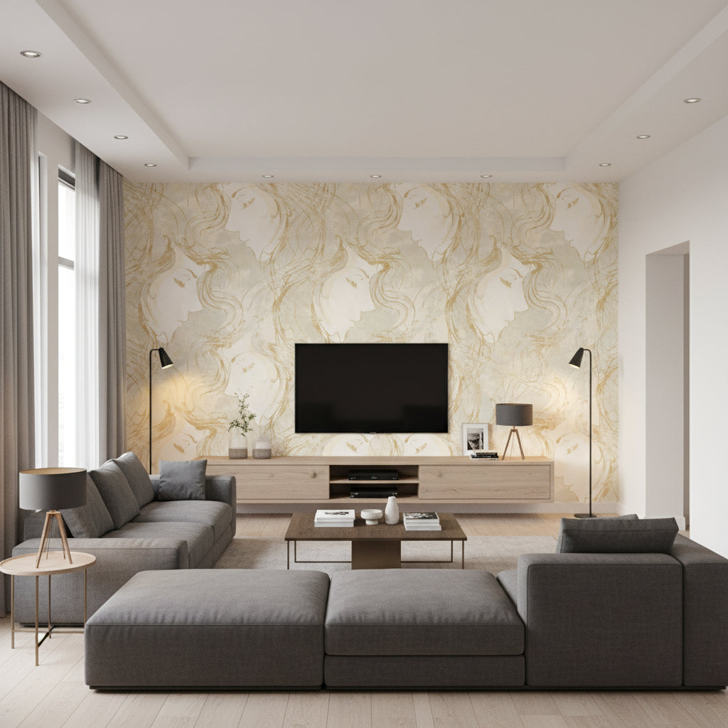 Chadwick Portrait Transitional Abstract - Metallic Gold and Off-White | Architectural Wallcoverings - Living Room Visualization (AI-generated, may not be to scale. Verify pattern scale with product specifications.)
