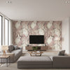 Chadwick Portrait Transitional Abstract - Metallic Pearl and Mauve | Architectural Wallcoverings - Living Room Visualization (AI-generated, may not be to scale. Verify pattern scale with product specifications.)