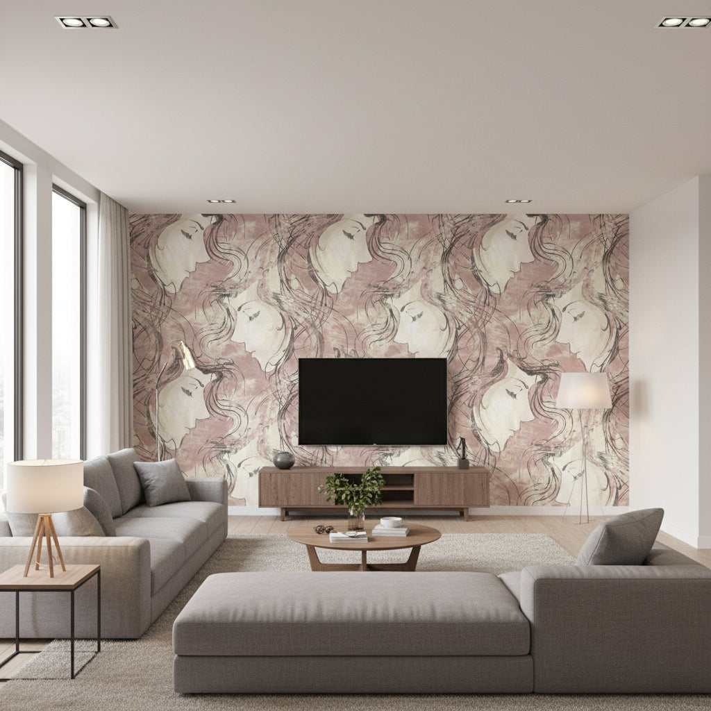 Chadwick Portrait Transitional Abstract - Metallic Pearl and Mauve | Architectural Wallcoverings - Living Room Visualization (AI-generated, may not be to scale. Verify pattern scale with product specifications.)
