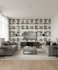 Curie Texture Transitional Abstract - Metallic Ivory and Ebony | Architectural Wallcoverings - Living Room Visualization (AI-generated, may not be to scale. Verify pattern scale with product specifications.)