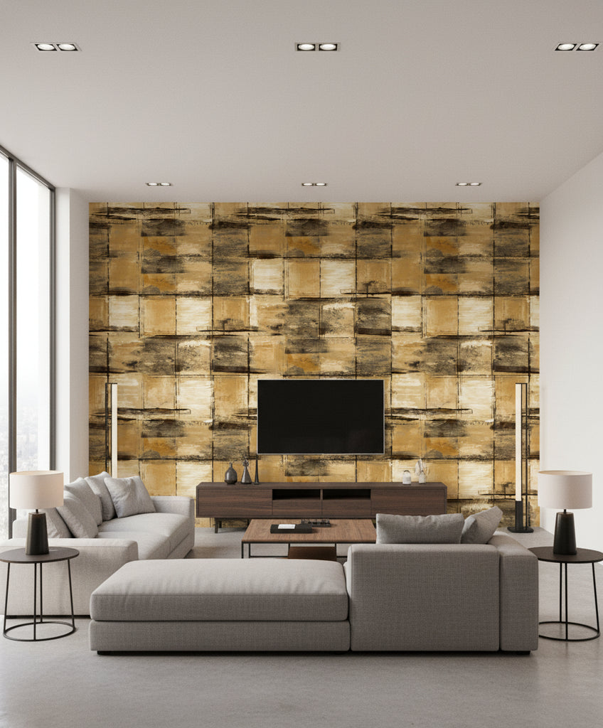 Curie Texture Transitional Abstract - Metallic Gold and Ebony | Architectural Wallcoverings - Living Room Visualization (AI-generated, may not be to scale. Verify pattern scale with product specifications.)
