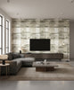 Curie Texture Transitional Abstract - Metallic Ivory and Charcoal | Architectural Wallcoverings - Living Room Visualization (AI-generated, may not be to scale. Verify pattern scale with product specifications.)