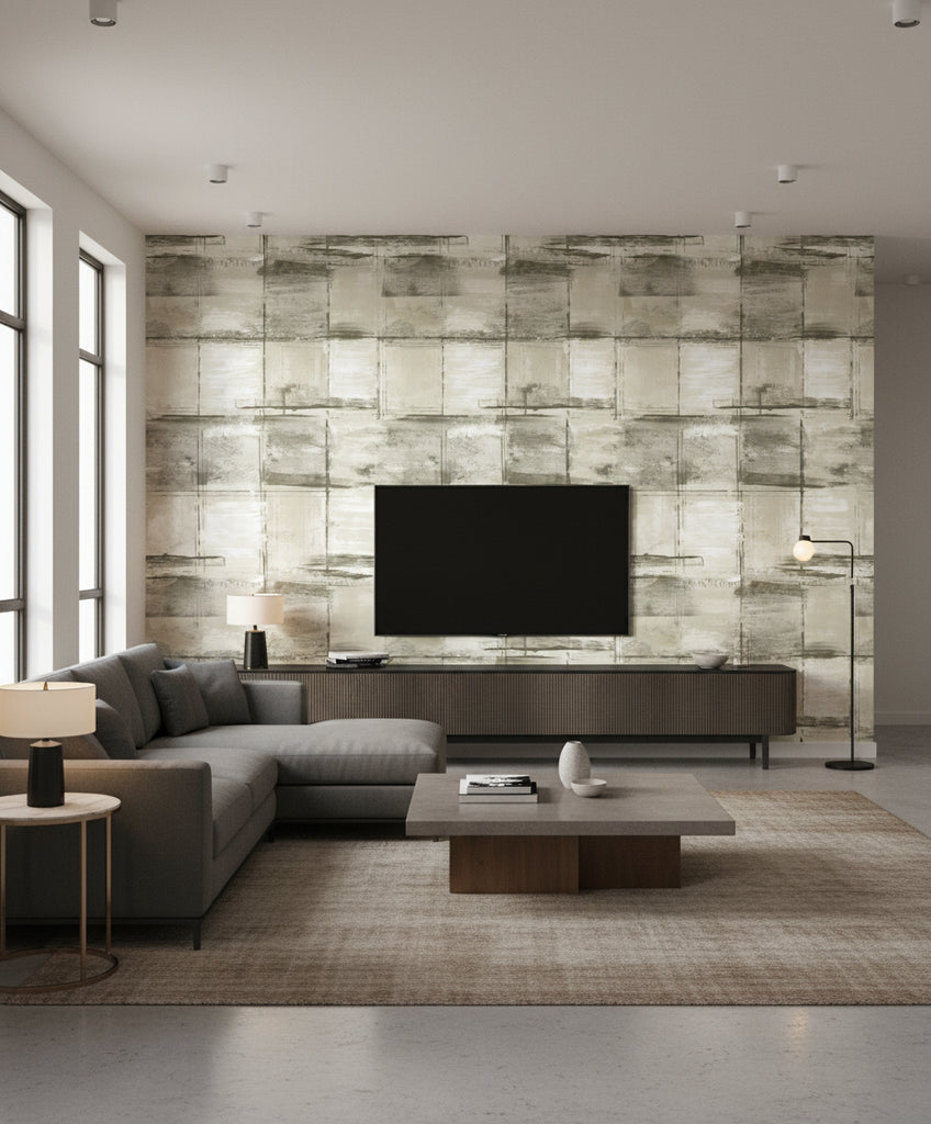 Curie Texture Transitional Abstract - Metallic Ivory and Charcoal | Architectural Wallcoverings - Living Room Visualization (AI-generated, may not be to scale. Verify pattern scale with product specifications.)