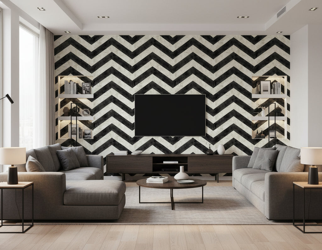 Hubble Chevron Transitional Chevron - Metallic Ebony and Ivory | Architectural Wallcoverings - Living Room Visualization (AI-generated, may not be to scale. Verify pattern scale with product specifications.)