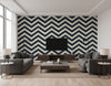 Hubble Chevron Transitional Chevron - Metallic Midnight Blue | Architectural Wallcoverings - Living Room Visualization (AI-generated, may not be to scale. Verify pattern scale with product specifications.)