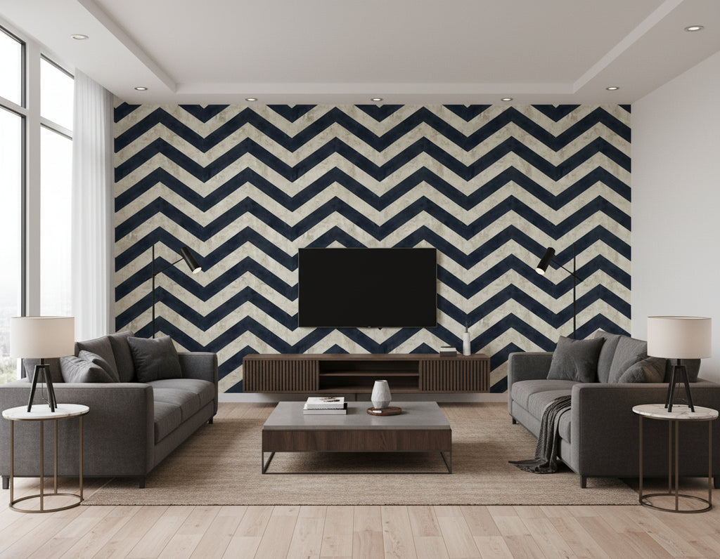 Hubble Chevron Transitional Chevron - Metallic Midnight Blue | Architectural Wallcoverings - Living Room Visualization (AI-generated, may not be to scale. Verify pattern scale with product specifications.)