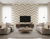 Hubble Chevron Transitional Chevron - Metallic Taupe and Ivory | Architectural Wallcoverings - Living Room Visualization (AI-generated, may not be to scale. Verify pattern scale with product specifications.)