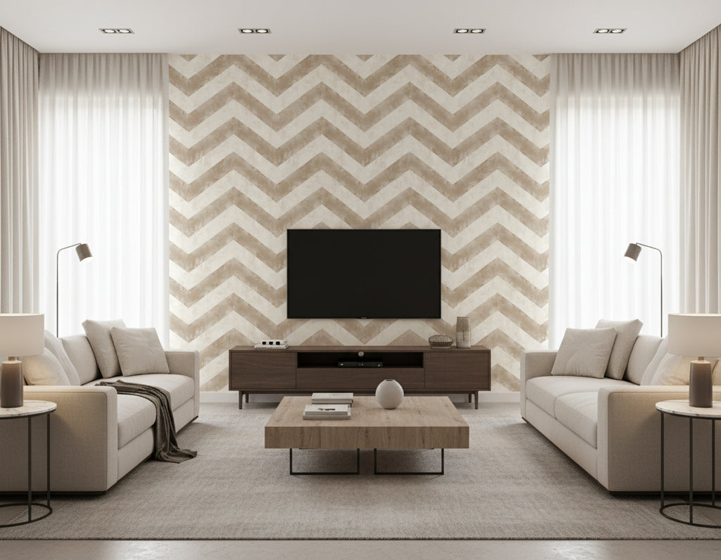 Hubble Chevron Transitional Chevron - Metallic Taupe and Ivory | Architectural Wallcoverings - Living Room Visualization (AI-generated, may not be to scale. Verify pattern scale with product specifications.)