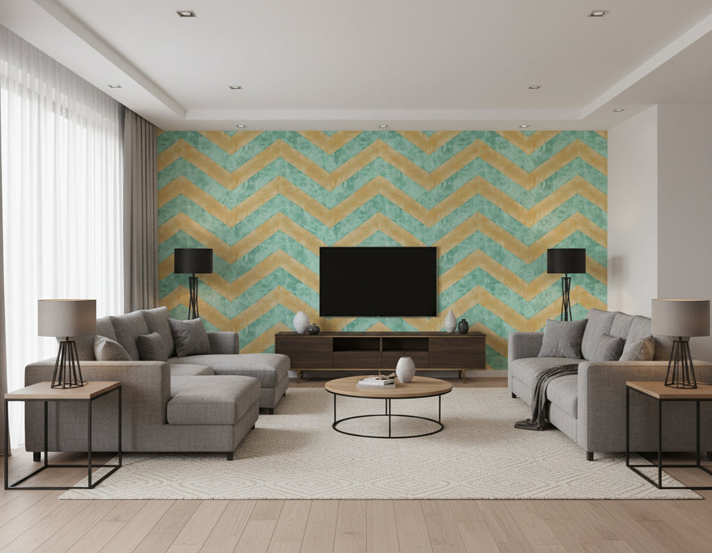 Hubble Chevron Transitional Chevron - Metallic Gold and Teal | Architectural Wallcoverings - Living Room Visualization (AI-generated, may not be to scale. Verify pattern scale with product specifications.)