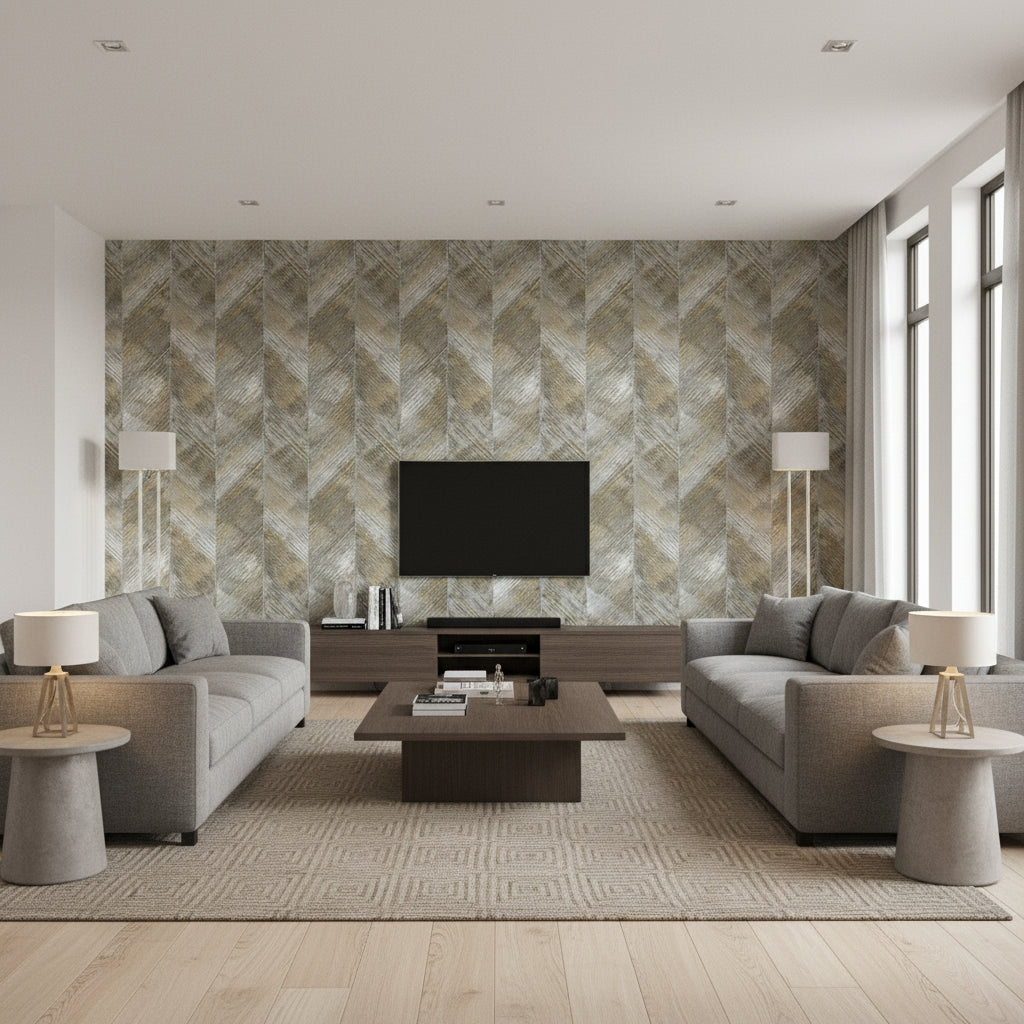 Hubble Texture Transitional Chevron - Metallic Silver and Ebony | Architectural Wallcoverings - Living Room Visualization (AI-generated, may not be to scale. Verify pattern scale with product specifications.)