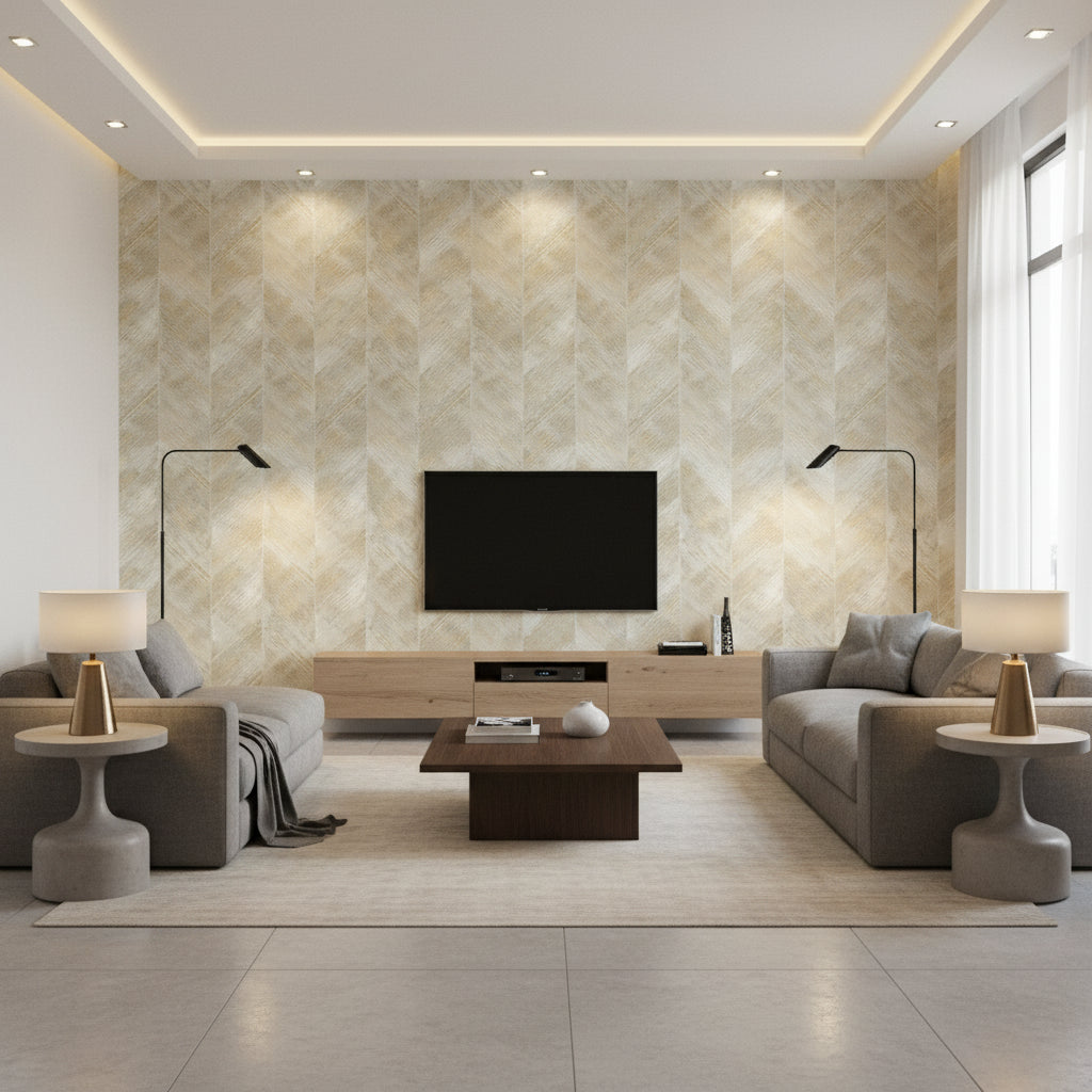 Hubble Texture Transitional Chevron - Metallic Gold and Ivory | Architectural Wallcoverings - Living Room Visualization (AI-generated, may not be to scale. Verify pattern scale with product specifications.)