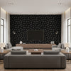 Hubble Dots Transitional Polka Dots - Metallic Ebony and Silver | Architectural Wallcoverings - Living Room Visualization (AI-generated, may not be to scale. Verify pattern scale with product specifications.)