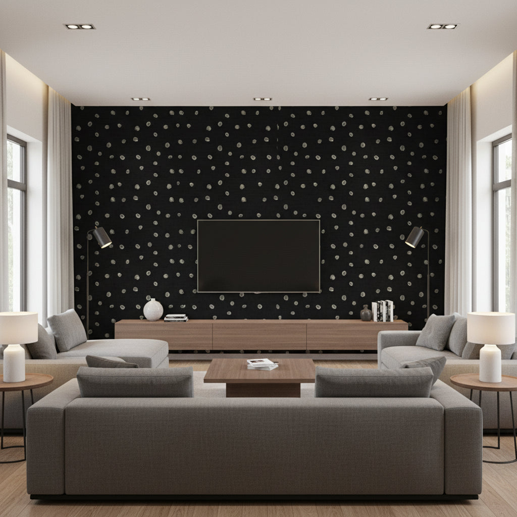 Hubble Dots Transitional Polka Dots - Metallic Ebony and Silver | Architectural Wallcoverings - Living Room Visualization (AI-generated, may not be to scale. Verify pattern scale with product specifications.)