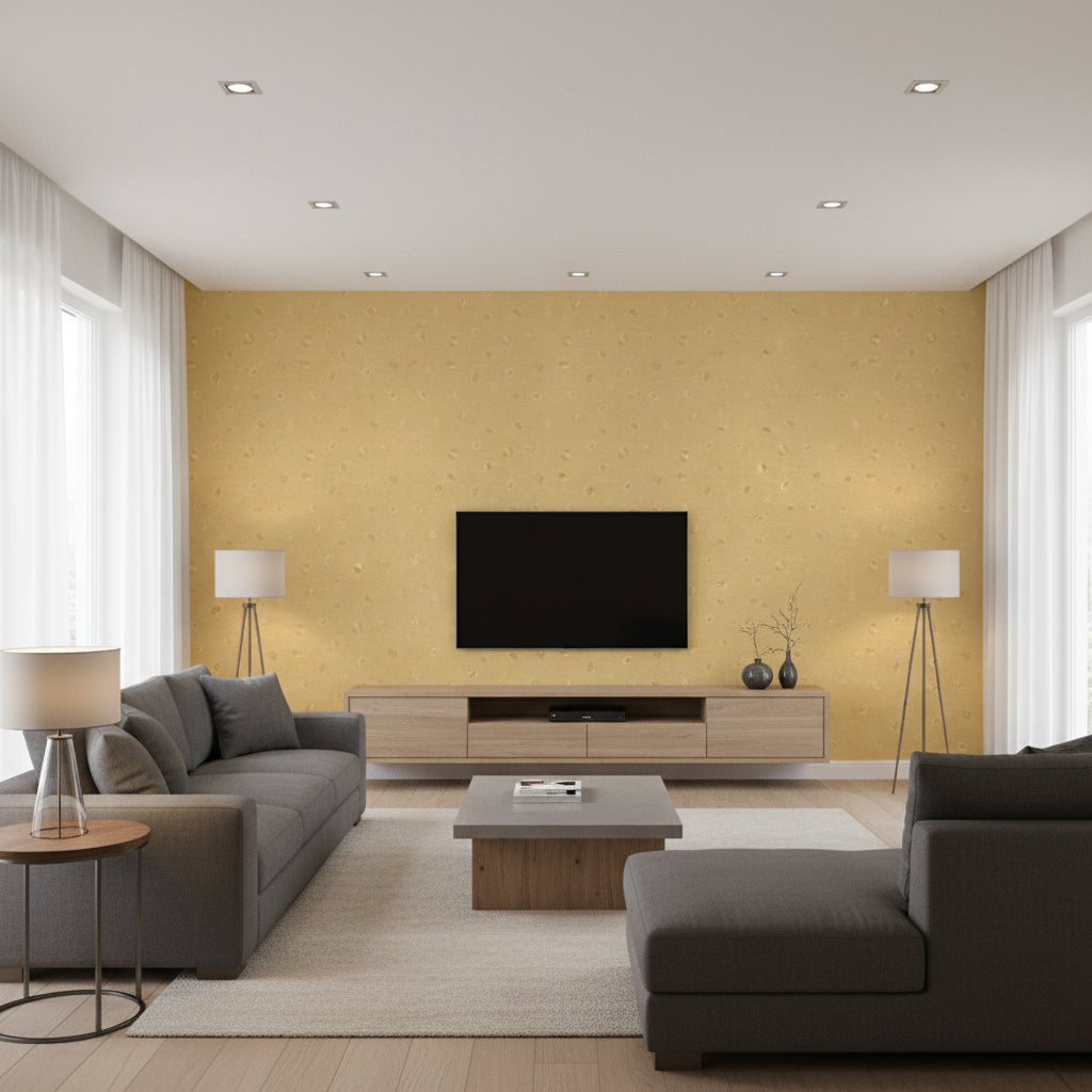 Hubble Dots Transitional Polka Dots - Metallic Gold | Architectural Wallcoverings - Living Room Visualization (AI-generated, may not be to scale. Verify pattern scale with product specifications.)