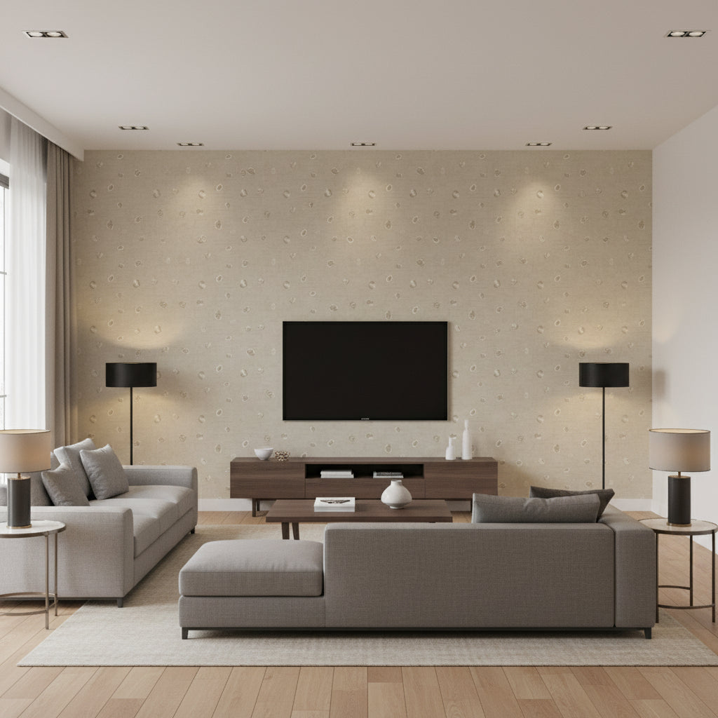 Hubble Dots Transitional Polka Dots - Metallic Taupe | Architectural Wallcoverings - Living Room Visualization (AI-generated, may not be to scale. Verify pattern scale with product specifications.)