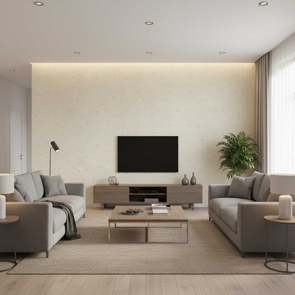 Hubble Dots Transitional Polka Dots - Metallic Gold and Ivory | Architectural Wallcoverings - Living Room Visualization (AI-generated, may not be to scale. Verify pattern scale with product specifications.)