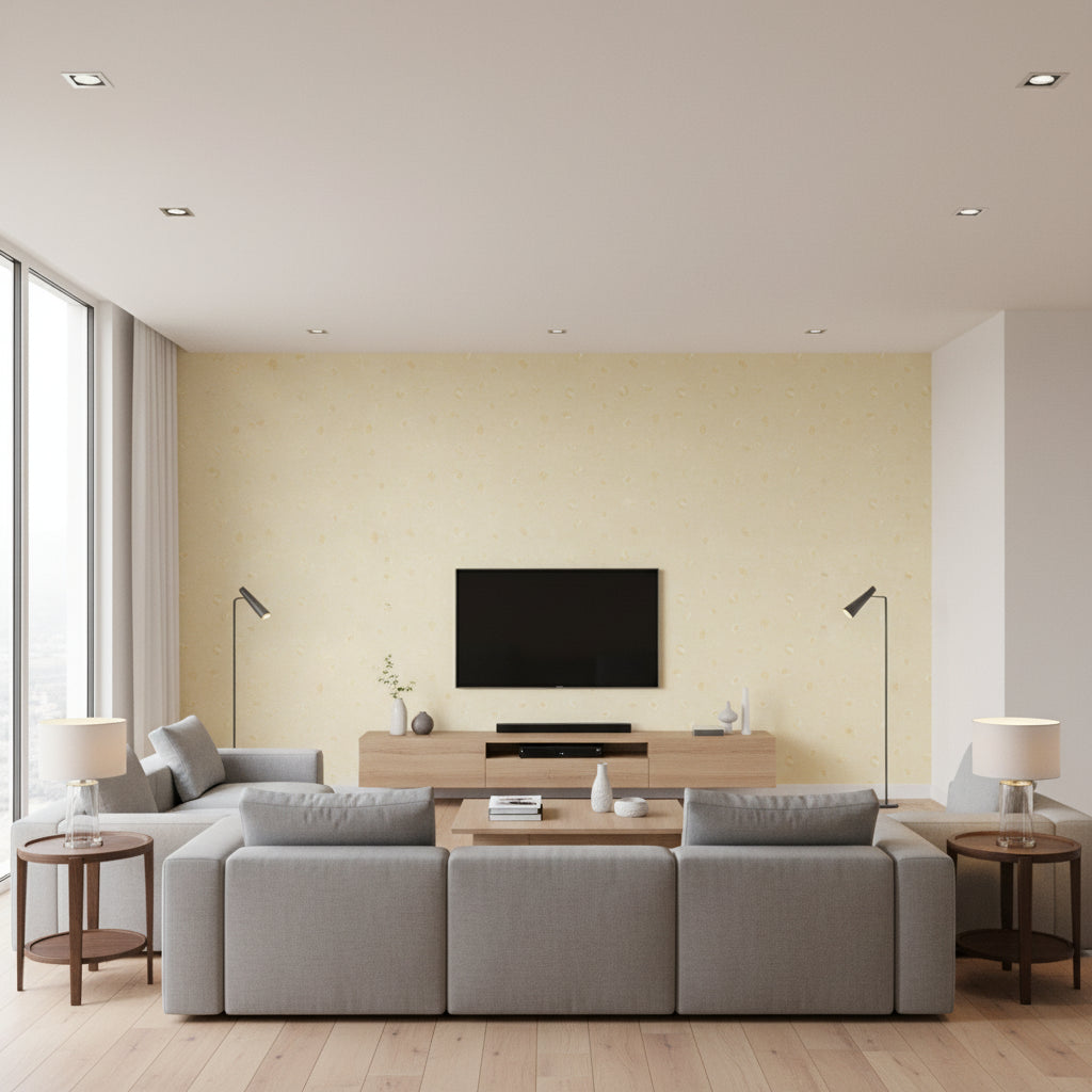 Hubble Dots Transitional Polka Dots - Metallic Chanmpagne | Architectural Wallcoverings - Living Room Visualization (AI-generated, may not be to scale. Verify pattern scale with product specifications.)