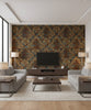 Kepler Damask Transitional Damask - Metallic Gold and Spruce | Architectural Wallcoverings - Living Room Visualization (AI-generated, may not be to scale. Verify pattern scale with product specifications.)