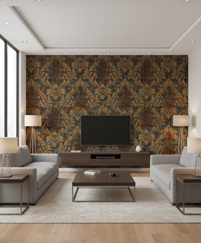 Kepler Damask Transitional Damask - Metallic Gold and Spruce | Architectural Wallcoverings - Living Room Visualization (AI-generated, may not be to scale. Verify pattern scale with product specifications.)