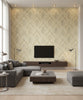 Kepler Damask Transitional Damask - Metallic Pearl and Gold | Architectural Wallcoverings - Living Room Visualization (AI-generated, may not be to scale. Verify pattern scale with product specifications.)