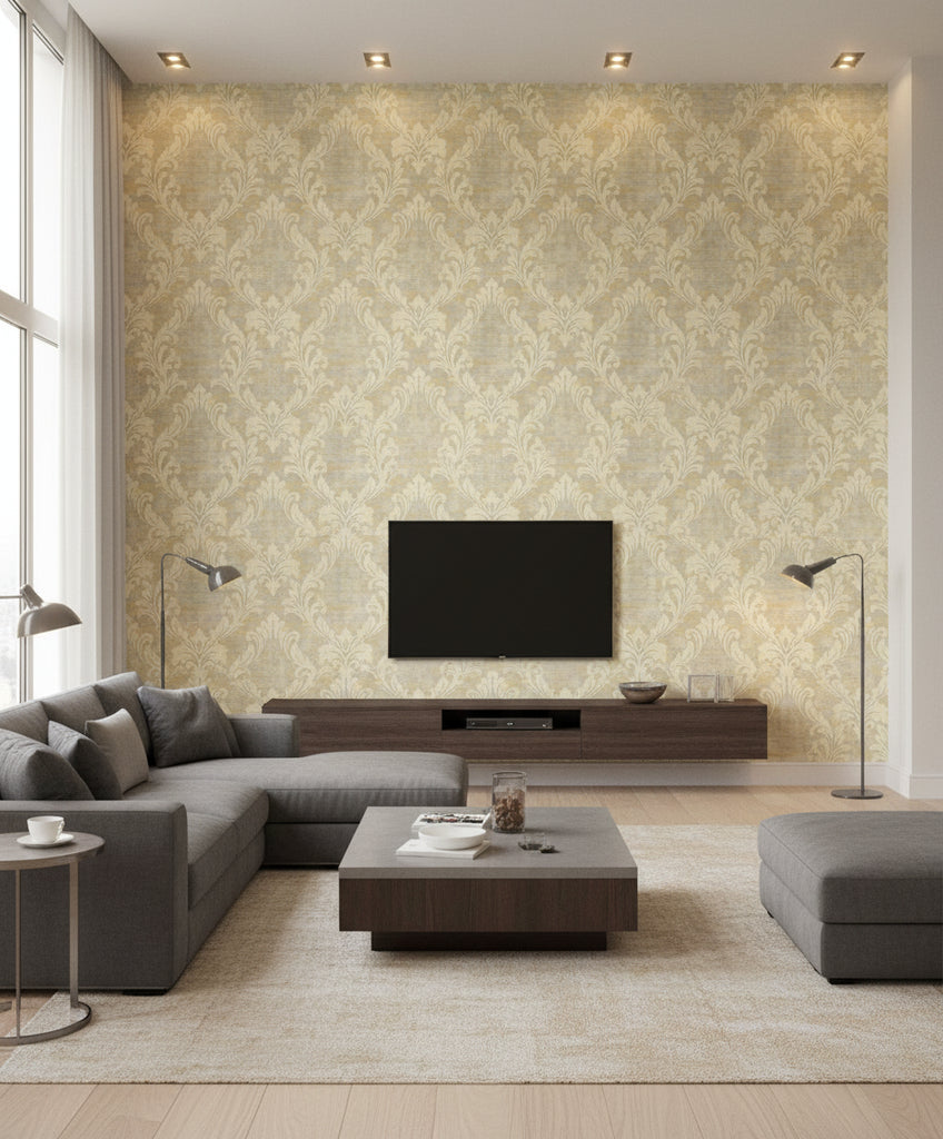 Kepler Damask Transitional Damask - Metallic Pearl and Gold | Architectural Wallcoverings - Living Room Visualization (AI-generated, may not be to scale. Verify pattern scale with product specifications.)
