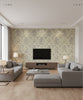Kepler Damask Transitional Damask - Metallic Pearl and Gray | Architectural Wallcoverings - Living Room Visualization (AI-generated, may not be to scale. Verify pattern scale with product specifications.)