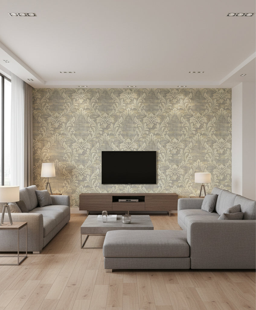 Kepler Damask Transitional Damask - Metallic Pearl and Gray | Architectural Wallcoverings - Living Room Visualization (AI-generated, may not be to scale. Verify pattern scale with product specifications.)