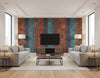 Kepler Stripe Transitional Stripe - Wine and Teal | Architectural Wallcoverings - Living Room Visualization (AI-generated, may not be to scale. Verify pattern scale with product specifications.)