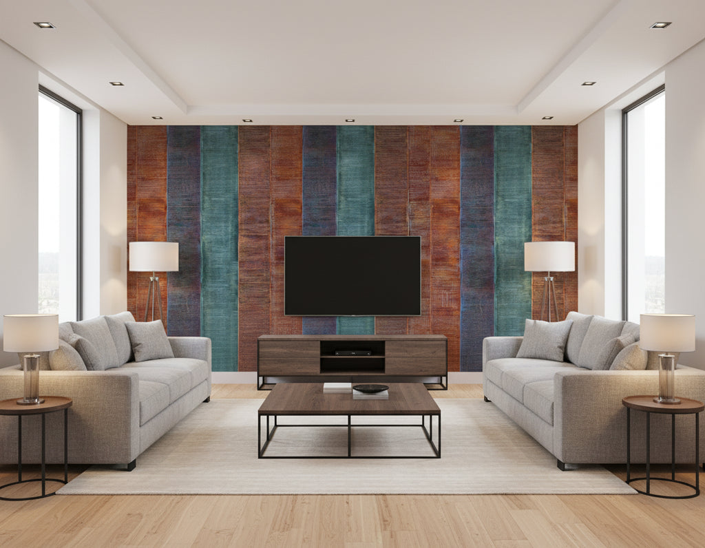 Kepler Stripe Transitional Stripe - Wine and Teal | Architectural Wallcoverings - Living Room Visualization (AI-generated, may not be to scale. Verify pattern scale with product specifications.)