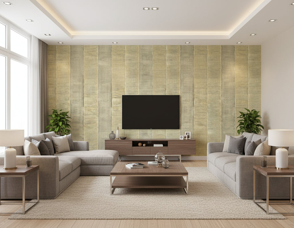Kepler Stripe Transitional Stripe - Antique Gold | Architectural Wallcoverings - Living Room Visualization (AI-generated, may not be to scale. Verify pattern scale with product specifications.)