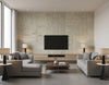 Kepler Stripe Transitional Stripe - Silver | Architectural Wallcoverings - Living Room Visualization (AI-generated, may not be to scale. Verify pattern scale with product specifications.)