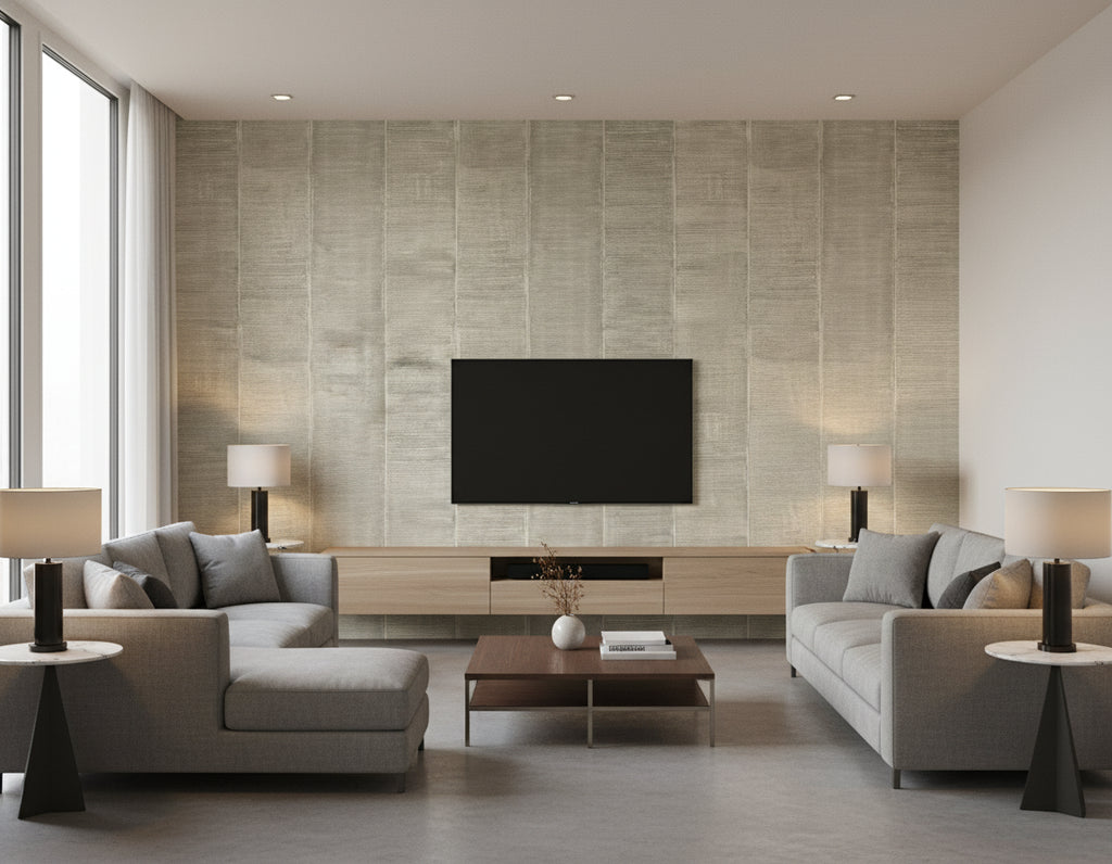 Kepler Stripe Transitional Stripe - Silver | Architectural Wallcoverings - Living Room Visualization (AI-generated, may not be to scale. Verify pattern scale with product specifications.)
