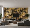 Galileo Faux Transitional Abstract - Metallic Gold and Ebony | Architectural Wallcoverings - Living Room Visualization (AI-generated, may not be to scale. Verify pattern scale with product specifications.)