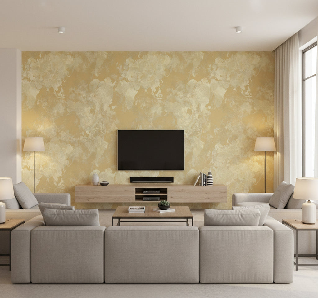 Galileo Faux Transitional Abstract - Metallic Gold and Off-White | Architectural Wallcoverings - Living Room Visualization (AI-generated, may not be to scale. Verify pattern scale with product specifications.)