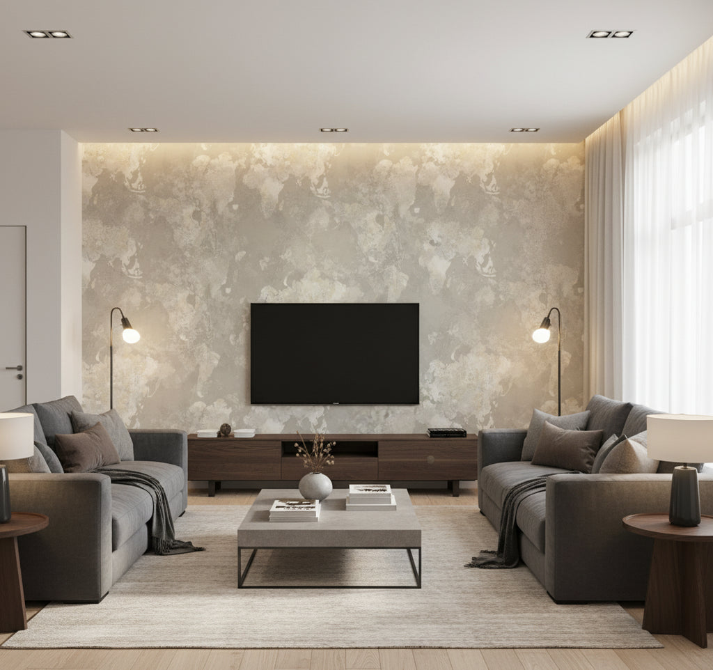 Galileo Faux Transitional Abstract - Metallic Silver and Off-White | Architectural Wallcoverings - Living Room Visualization (AI-generated, may not be to scale. Verify pattern scale with product specifications.)