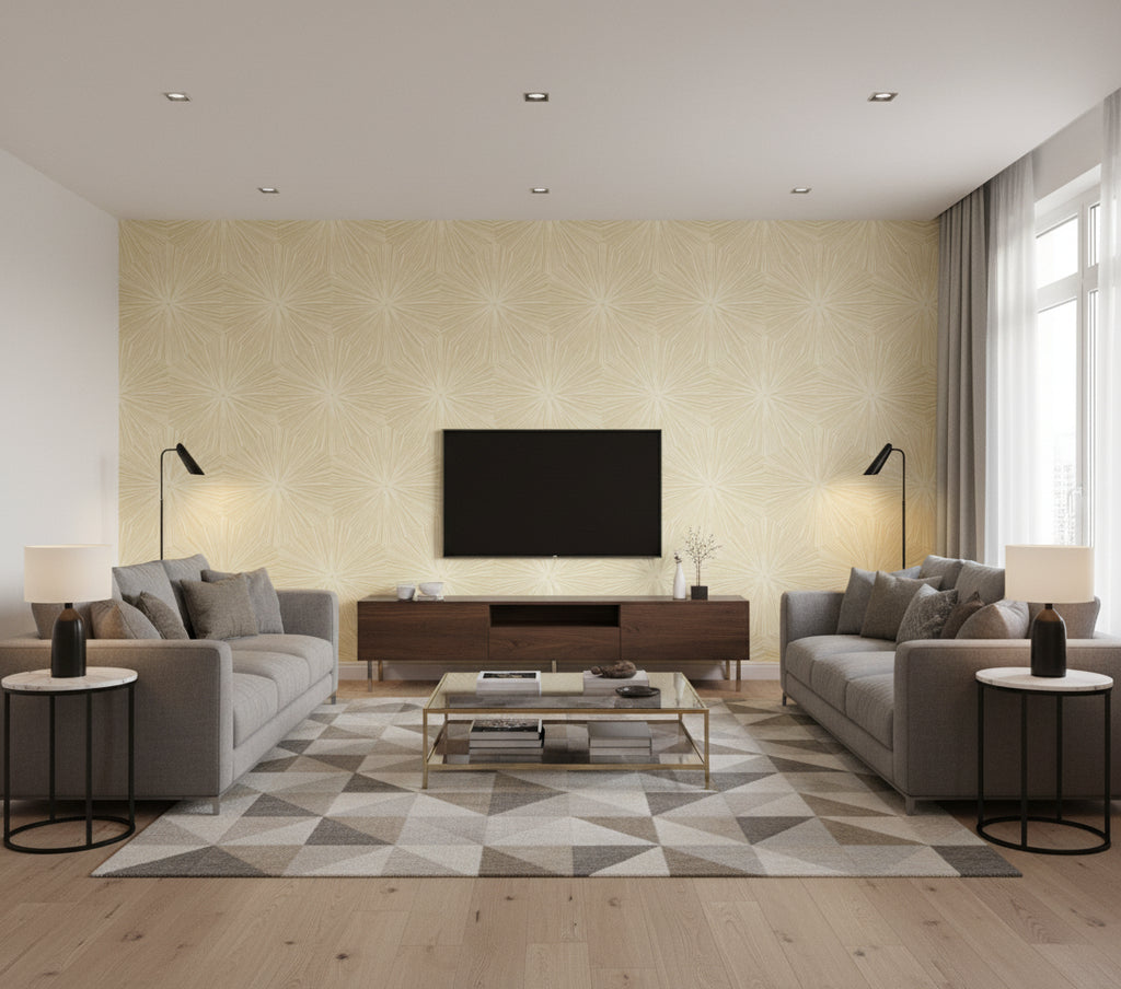 Chadwick Starburst Transitional Geometric - Metallic Gold and White | Architectural Wallcoverings - Living Room Visualization (AI-generated, may not be to scale. Verify pattern scale with product specifications.)