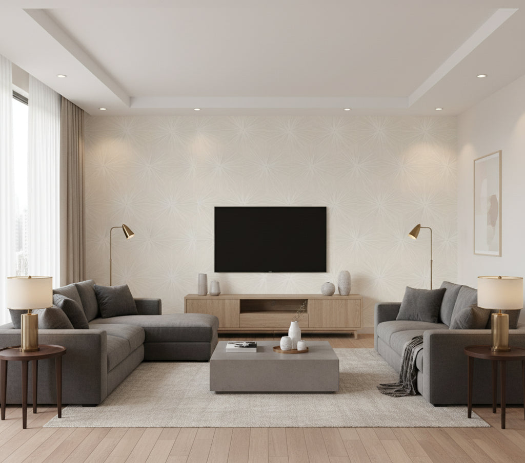 Chadwick Starburst Transitional Geometric - Metallic Pearl and White | Architectural Wallcoverings - Living Room Visualization (AI-generated, may not be to scale. Verify pattern scale with product specifications.)