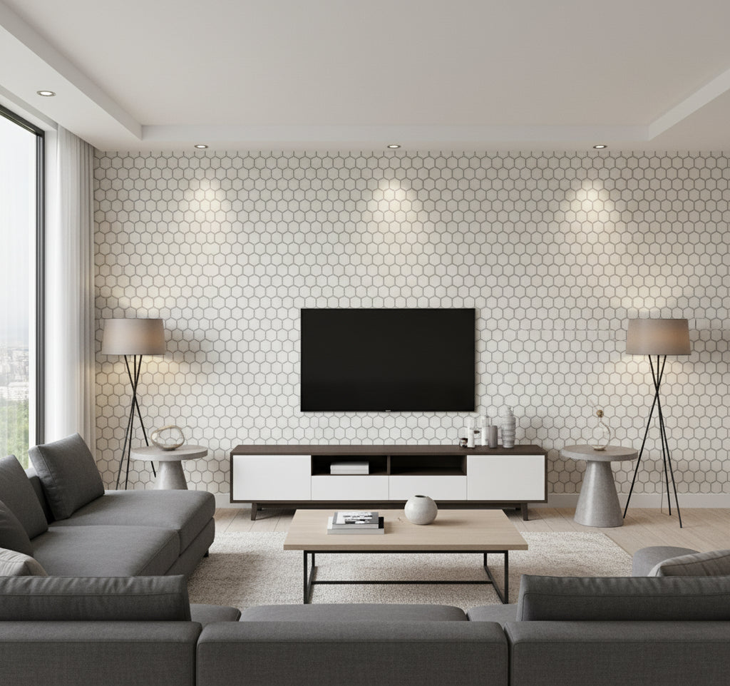 Curie Geo Transitional Geometric - Metallic Silver and Black | Architectural Wallcoverings - Living Room Visualization (AI-generated, may not be to scale. Verify pattern scale with product specifications.)