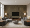 Curie Geo Transitional Geometric - Metallic Gold and Espresso | Architectural Wallcoverings - Living Room Visualization (AI-generated, may not be to scale. Verify pattern scale with product specifications.)