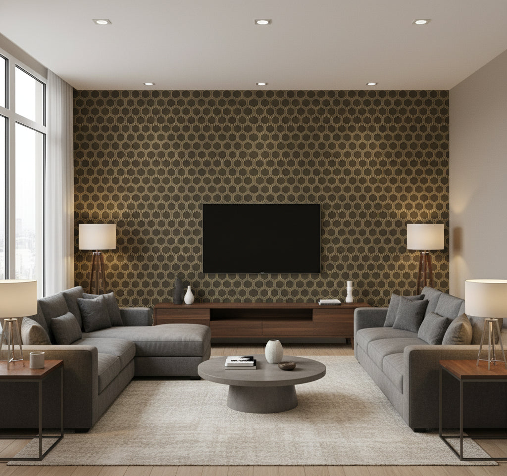 Curie Geo Transitional Geometric - Metallic Gold and Espresso | Architectural Wallcoverings - Living Room Visualization (AI-generated, may not be to scale. Verify pattern scale with product specifications.)