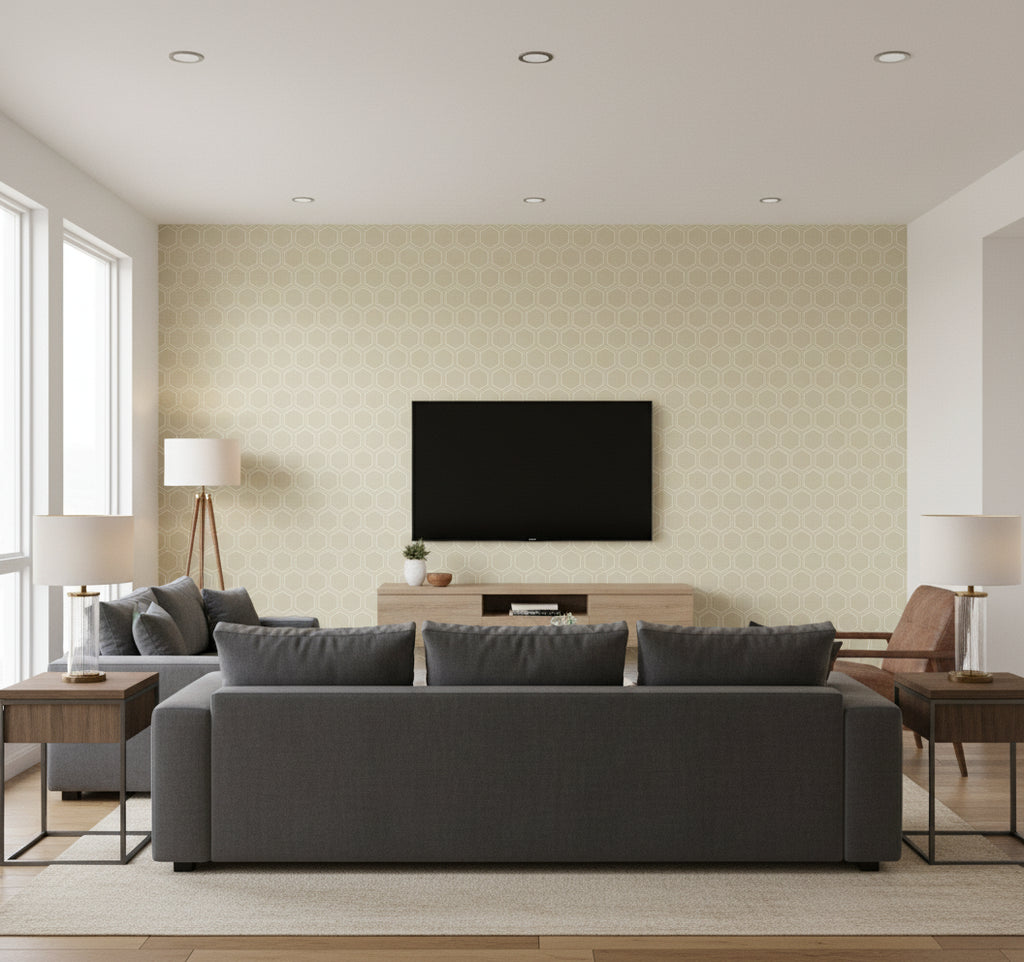 Curie Geo Transitional Geometric - Beige and Silver | Architectural Wallcoverings - Living Room Visualization (AI-generated, may not be to scale. Verify pattern scale with product specifications.)