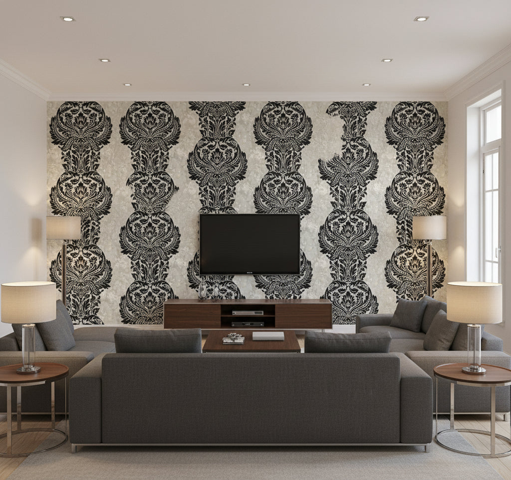 Newton Damask Transitional Damask - Black and Greige | Architectural Wallcoverings - Living Room Visualization (AI-generated, may not be to scale. Verify pattern scale with product specifications.)