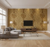 Newton Damask Transitional Damask - Tan and Gold | Architectural Wallcoverings - Living Room Visualization (AI-generated, may not be to scale. Verify pattern scale with product specifications.)