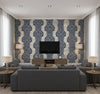 Newton Damask Transitional Damask - Blue and Grey Damask | Architectural Wallcoverings - Living Room Visualization (AI-generated, may not be to scale. Verify pattern scale with product specifications.)