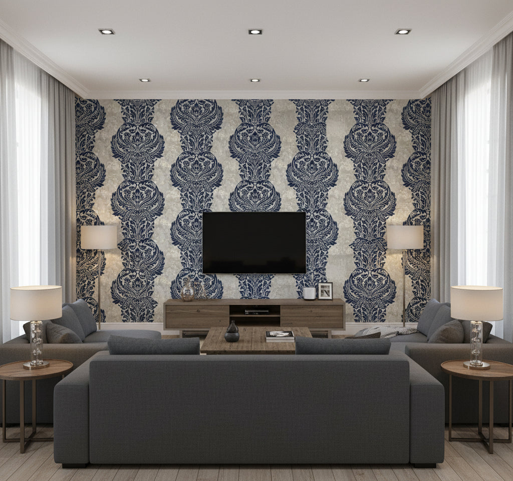 Newton Damask Transitional Damask - Blue and Grey Damask | Architectural Wallcoverings - Living Room Visualization (AI-generated, may not be to scale. Verify pattern scale with product specifications.)