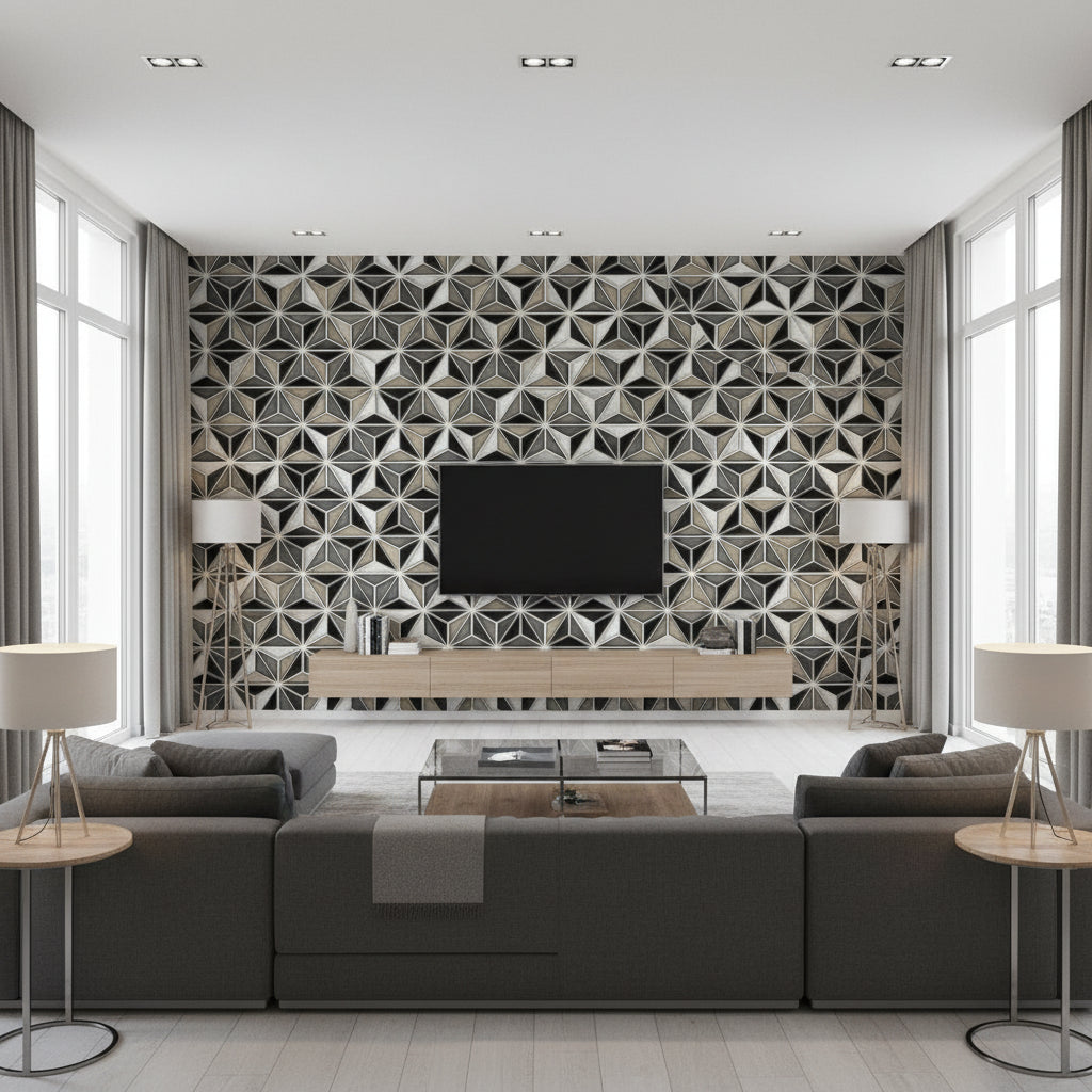 Einstein Geometric Transitional Geometric - Metallic Silver and Black | Architectural Wallcoverings - Living Room Visualization (AI-generated, may not be to scale. Verify pattern scale with product specifications.)
