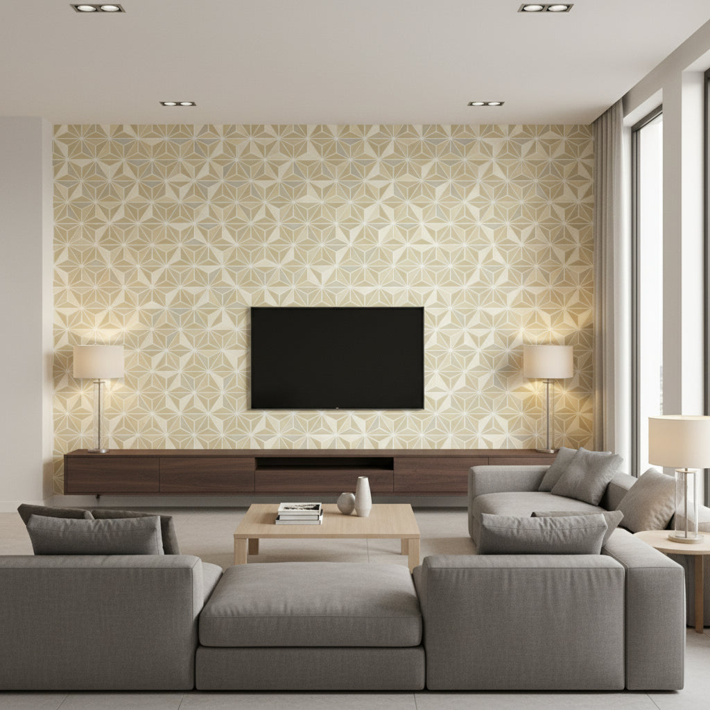 Einstein Geometric Transitional Geometric - Metallic Gold and Off-White | Architectural Wallcoverings - Living Room Visualization (AI-generated, may not be to scale. Verify pattern scale with product specifications.)